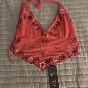 Delia's Pink Embroidered Halter Top